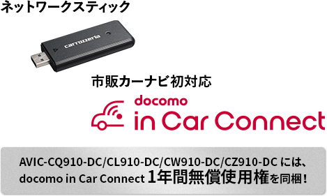 AVIC-CQ910-DC/CL910-DC/CW910-DC/CZ910-DC には、docomo in Car Connect 1年間無償使用権を同梱！
