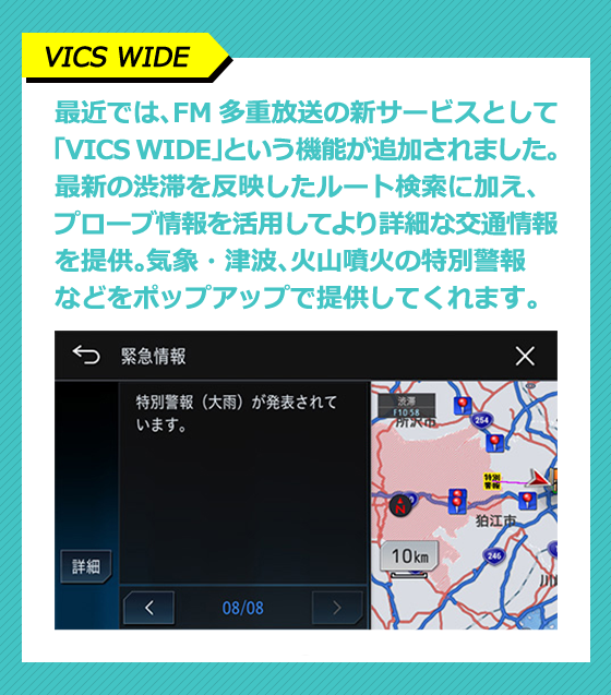【VICS WIDE】最近では、FM多重放送の新サービスとして「VICS WIDE」という機能が追加されました。最新の渋滞を反映したルート検索に加え、プローブ情報を活用してより詳細な交通情報を提供。気象・津波、火山噴火の特別警報などをポップアップで提供してくれます。