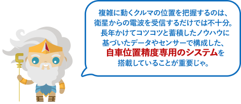 複雑に動くクルマの位置を把握するのは、衛星からの電波を受信するだけでは不十分。長年かけてコツコツと蓄積したノウハウに基づいたデータやセンサーで構成した、自車位置精度専用のシステムを搭載していることが重要じゃ。
