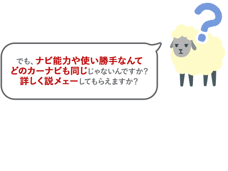 でも、ナビ能力や使い勝手なんてどのカーナビも同じじゃないんですか？詳しく説メェーしてもらえますか？