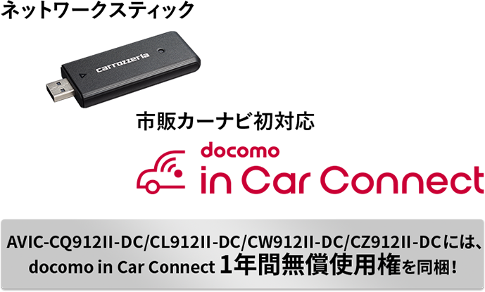 AVIC-CQ912II-DC/CL912II-DC/CW912II-DC/CZ912II-DC には、docomo in Car Connect 1年間無償使用権を同梱！