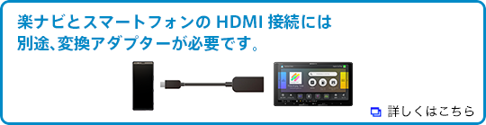 楽ナビとスマートフォンのHDMI接続には別途、変換アダプターが必要です。