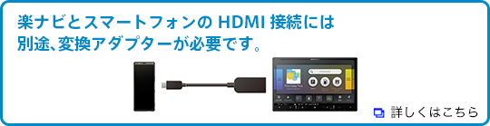 楽ナビとスマートフォンのHDMI接続には別途、変換アダプターが必要です。