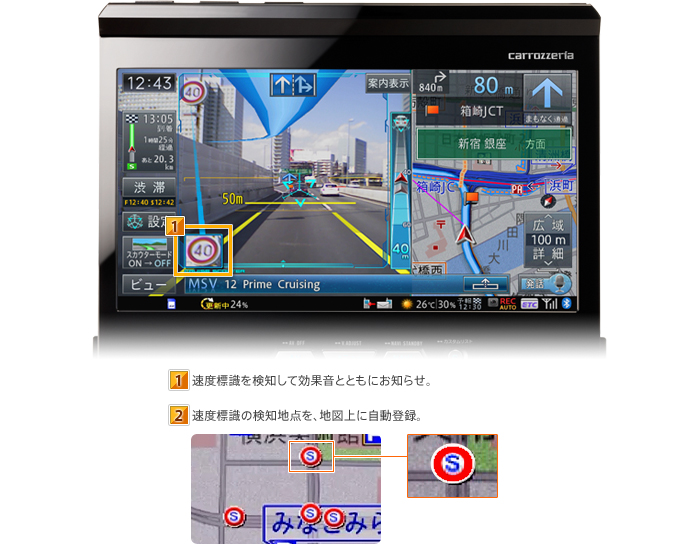 １速度標識を検知して効果音とともにお知らせ。　2速度標識の検知地点を、地図上に自動登録。　イメージ