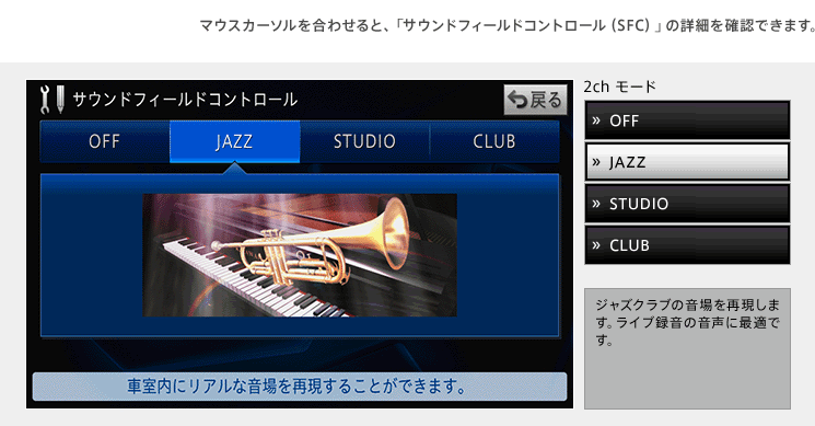 マウスカーソルを合わせると、「サウンドフィールドコントロール（SFC）」の詳細を確認できます。　サウンドフィールドコントロール Jazz