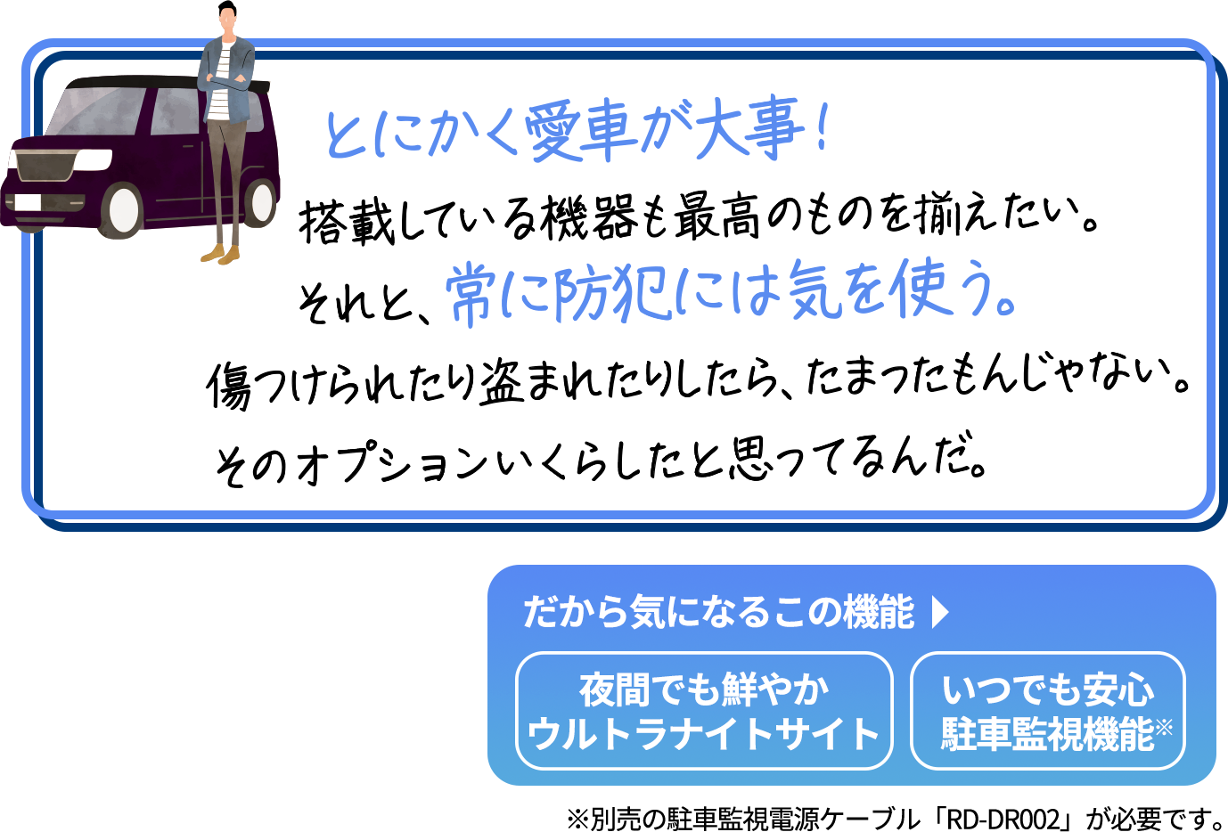 
                        「とにかく愛車が大事！搭載している機器も
                        最高のものを揃えたい。それと、常に防犯には気を使う。
                        傷つけられたり盗まれたりしたら、たまったもんじゃない。
                        そのオプションいくらしたと思ってるんだ。」
                        だから気になるこの機能→夜間でも鮮やかウルトラナイトサイト／いつでも安心駐車監視機能※
                        