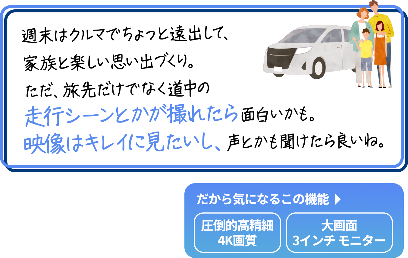 
                        「週末はクルマでちょっと遠出して、家族と楽しい思い出づくり。
                        ただ、旅先だけでなく道中の走行シーンとかが撮れたら面白いかも。
                        映像はキレイに見たいし、声とかも聞けたら良いね。
                        だから気になるこの機能→圧倒的高精細4K画質／大画面3インチ モニター
                        