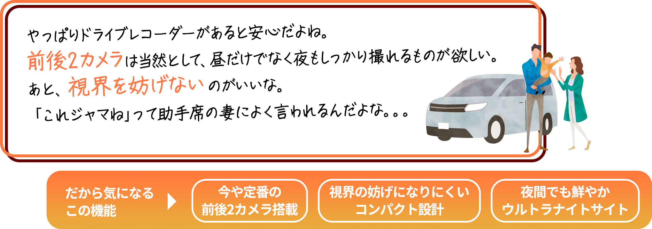 
                        「とにかく愛車が大事！搭載している機器も
                        最高のものを揃えたい。それと、常に防犯には気を使う。
                        傷つけられたり盗まれたりしたら、たまったもんじゃない。
                        そのオプションいくらしたと思ってるんだ。」
                        だから気になるこの機能→夜間でも鮮やかウルトラナイトサイト／いつでも安心駐車監視機能※
                        