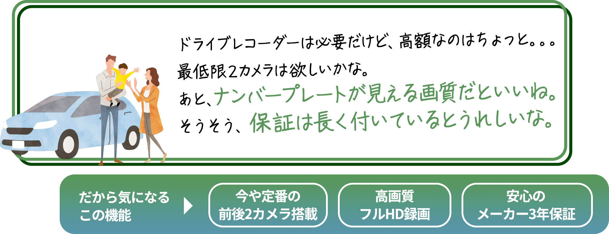 
                        「とにかく愛車が大事！搭載している機器も
                        最高のものを揃えたい。それと、常に防犯には気を使う。
                        傷つけられたり盗まれたりしたら、たまったもんじゃない。
                        そのオプションいくらしたと思ってるんだ。」
                        だから気になるこの機能→夜間でも鮮やかウルトラナイトサイト／いつでも安心駐車監視機能※
                        