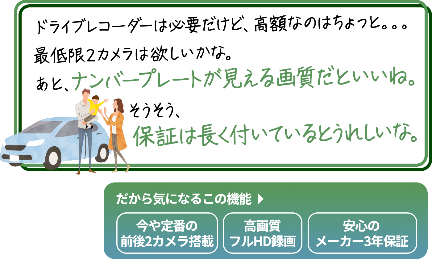 
                        「とにかく愛車が大事！搭載している機器も
                        最高のものを揃えたい。それと、常に防犯には気を使う。
                        傷つけられたり盗まれたりしたら、たまったもんじゃない。
                        そのオプションいくらしたと思ってるんだ。」
                        だから気になるこの機能→夜間でも鮮やかウルトラナイトサイト／いつでも安心駐車監視機能※
                        