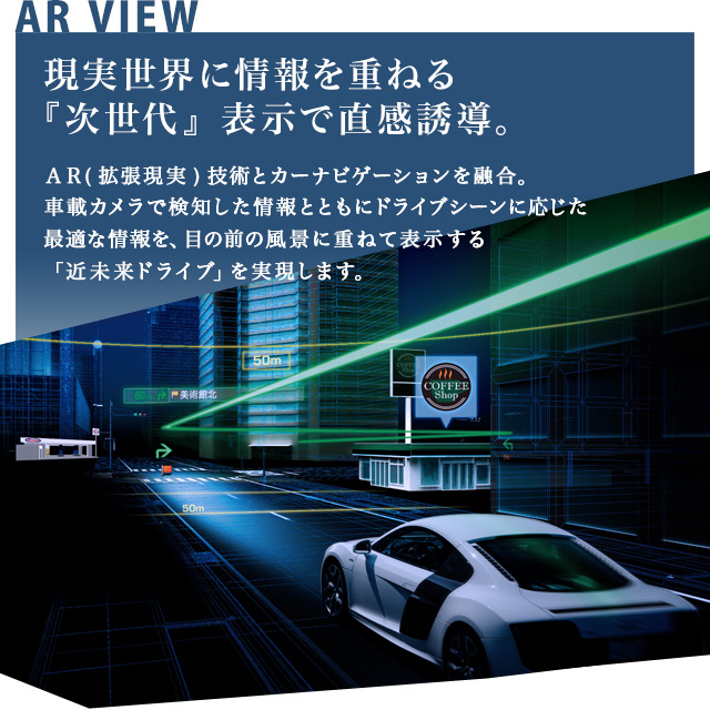 AR VIEW 現実世界に情報を重ねる『次世代』表示で直感誘導。 AR(拡張現実)技術とカーナビゲーションを融合。車載カメラで検知した情報とともにドライブシーンに応じた最適な情報を、目の前の風景に重ねて表示する「近未来ドライブ」を実現します。