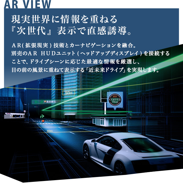 AR VIEW 現実世界に情報を重ねる『次世代』表示で直感誘導。ＡＲ(拡張現実)技術とカーナビゲーションを融合。別売のＡＲ ＨＵＤユニット(ヘッドアップディスプレイ)を接続することで、ドライブシーンに応じた最適な情報を厳選し、目の前の風景に重ねて表示する「近未来ドライブ」を実現します。