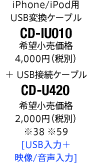 iPhone/iPod用USB変換ケーブル「CD-IU010」希望小売価格 4,000円（税別）＋USB接続ケーブル「CD-U420」希望小売価格 2,000円（税別）[USB入力＋映像/音声入力]