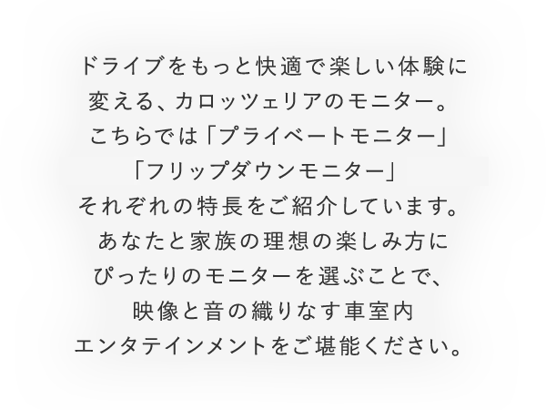 ドライブをもっと快適で楽しい体験に変える、カロッツェリアのモニター。こちらでは「プライベートモニター」「フリップダウンモニター」それぞれの特長をご紹介しています。あなたと家族の理想の楽しみ方にぴったりのモニターを選ぶことで、映像と音の織りなす車室内エンタテインメントをご堪能ください。